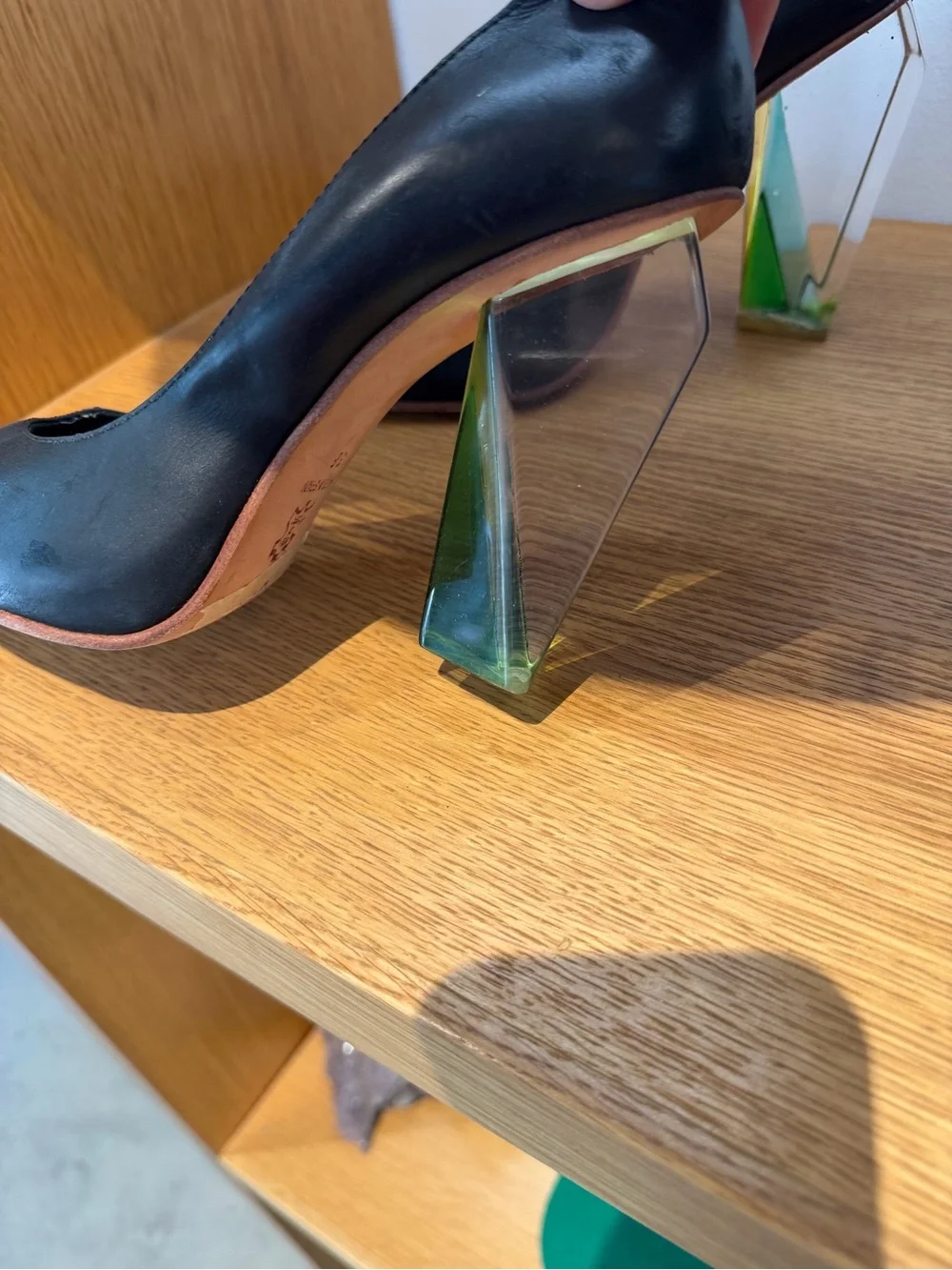 Black Pumps with Geometric Green Accent lucite Heels - Women's Shoes.
